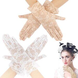 Women White Beige 2P Gloves Bridal Wedding Party Opera Fashion Halloween Cosplay